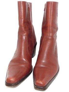 Gianni Bini Brown Leather Western Boots Embroidered Square Toe Ankle Boot 10